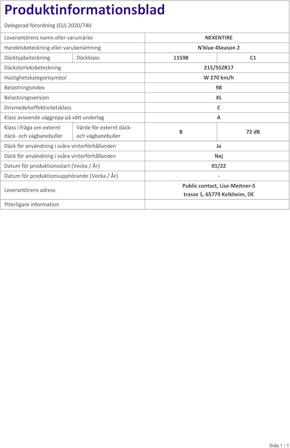 NEXEN N BLUE 4SEASON 2 XL - 215/55R17 98W - Ganzjahresreifen - C/A/72dB