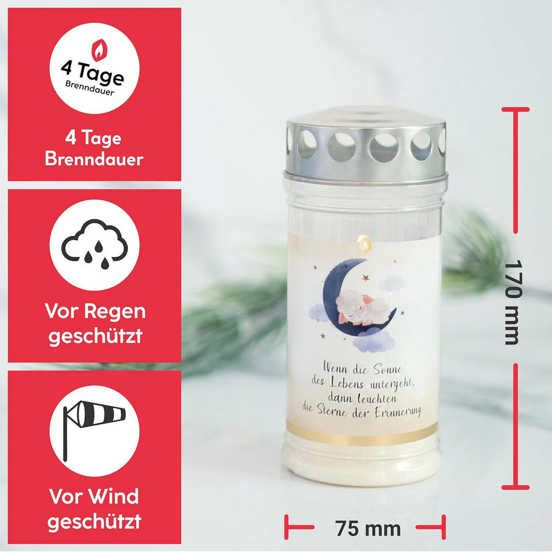 10er Set HOFER GRABKERZEN 4 Tage Brenndauer - Das Original [Sternenkind blau] Trauerkerzen mit Decke