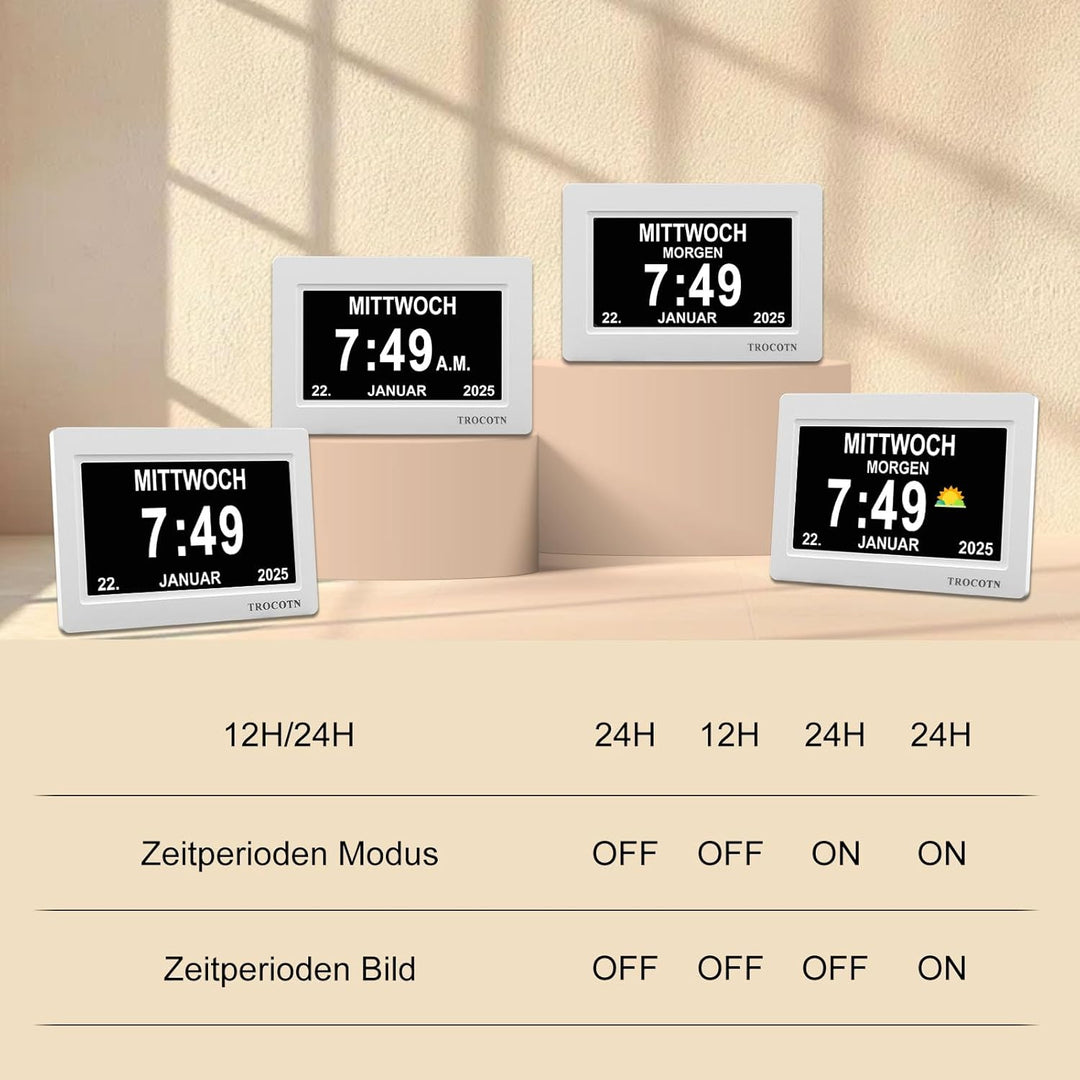 TROCOTN 7 Zoll Digitaluhr Tagesuhr Grosses Display Wecker Wanduhr (weiss) 7 Zoll Weiss, 7 Zoll Weiss