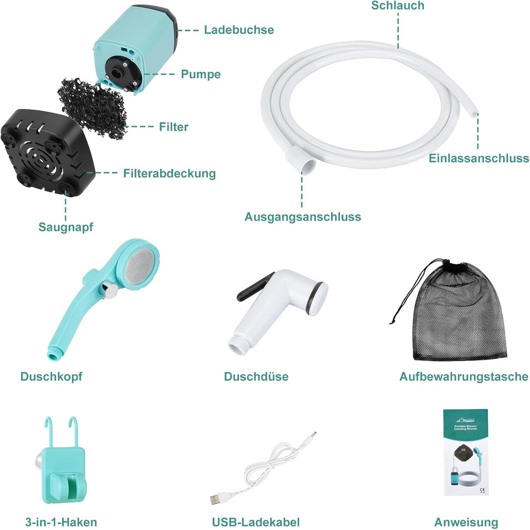 WADEO Tragbare Campingdusche Akku mit Pumpe, Camping Dusche Outdoor mit wiederaufladbarem 4500-mAh-A