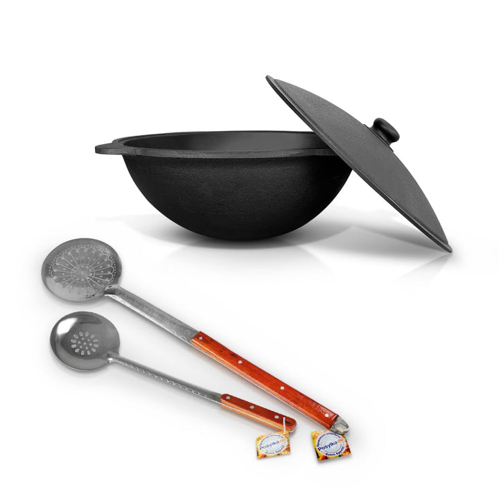 Uzbekisch Kazan Gusseisen 22 L mit Aluminiumdeckel Kochtopf 2 x Schaumlöffel WOK Asia Plov казан Feu