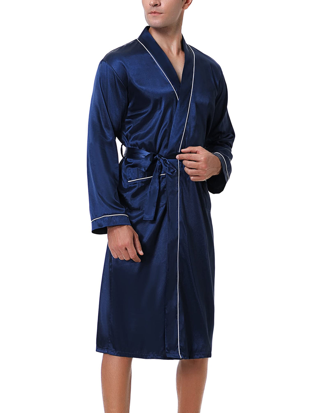 Bresdk Morgenmantel Herren Satin Kimono Robe Lang Leichter Bademantel für Männer M Blau M885, M Blau