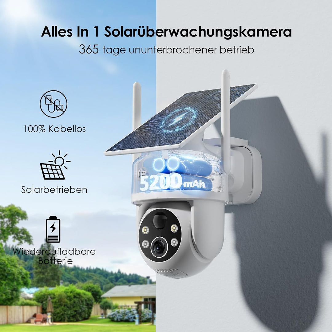 Alles in 1 Überwachungskamera Aussen Akku Solar, 2K, 100% Kabellos, 360° PTZ Kamera Überwachung Auss