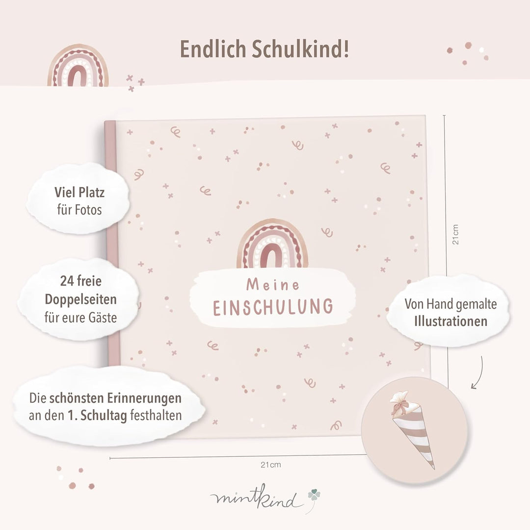 mintkind® Gästebuch Einschulung Boho, Einschulungsbuch mit Regenbogen, Erinnerungsbuch 1. Schultag,
