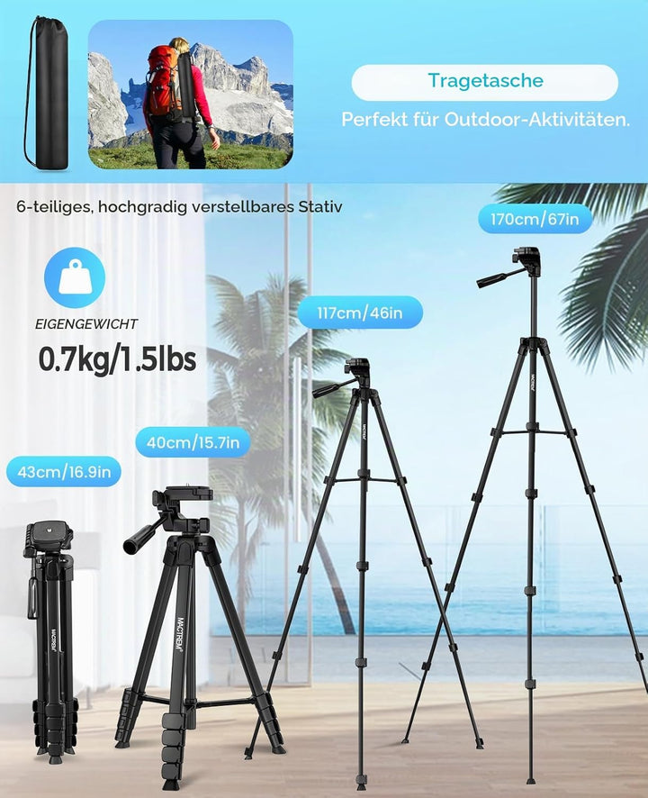 MACTREM 170 cm Aluminium Handy Stativ, Kamera Stativ für Smartphone iPad iPhone Tablet mit 2-in-1 Ha