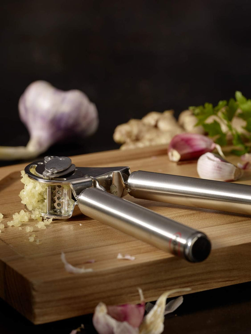 RÖSLE Knoblauchpresse mit Abstreifer, Presse in Profi-Qualität für Ingwer und Knoblauch, mit klappba