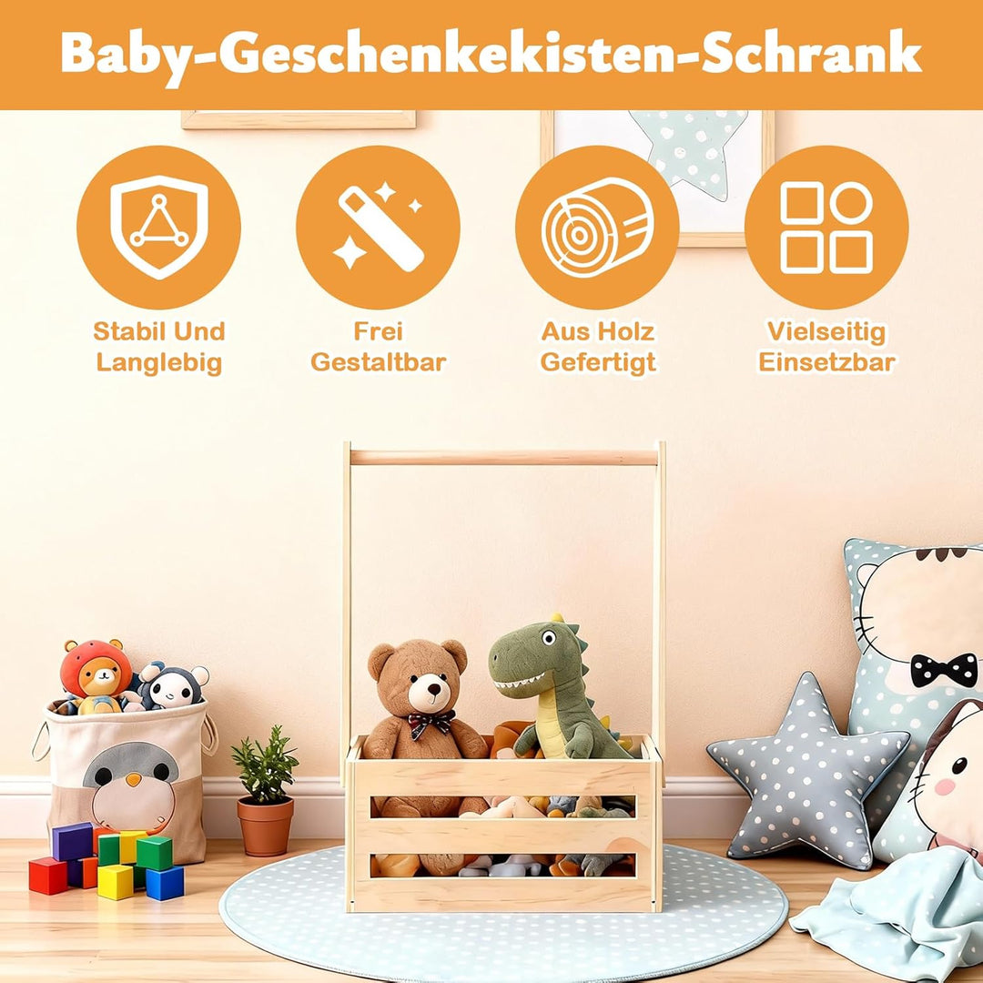 Babyparty Geschenk mit Holz | Praktischer Baby Aufbewahrungskorb mit 6 Holzhaken &amp; Kunstblumengirlan