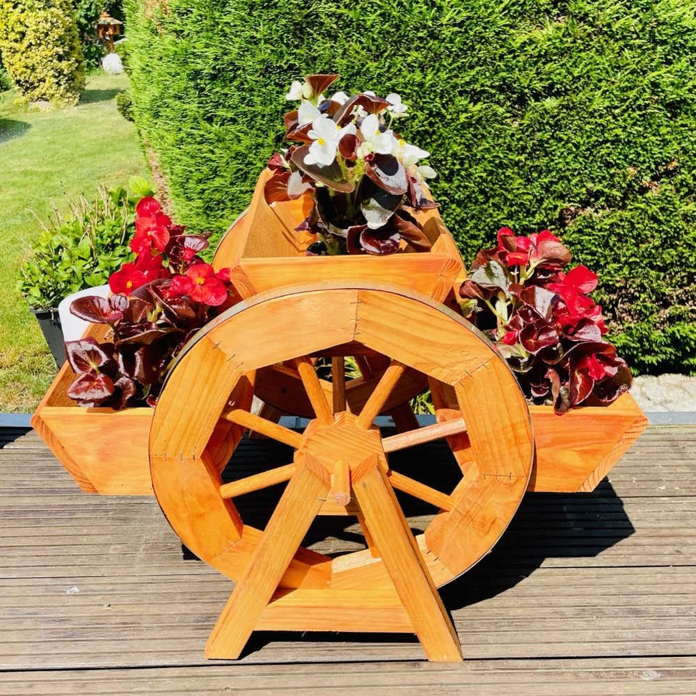 DARLUX Garten/Balkon Holz handgefertigte Blumentreppe Blumenrad 3er Blumenbank Braun Holzrad