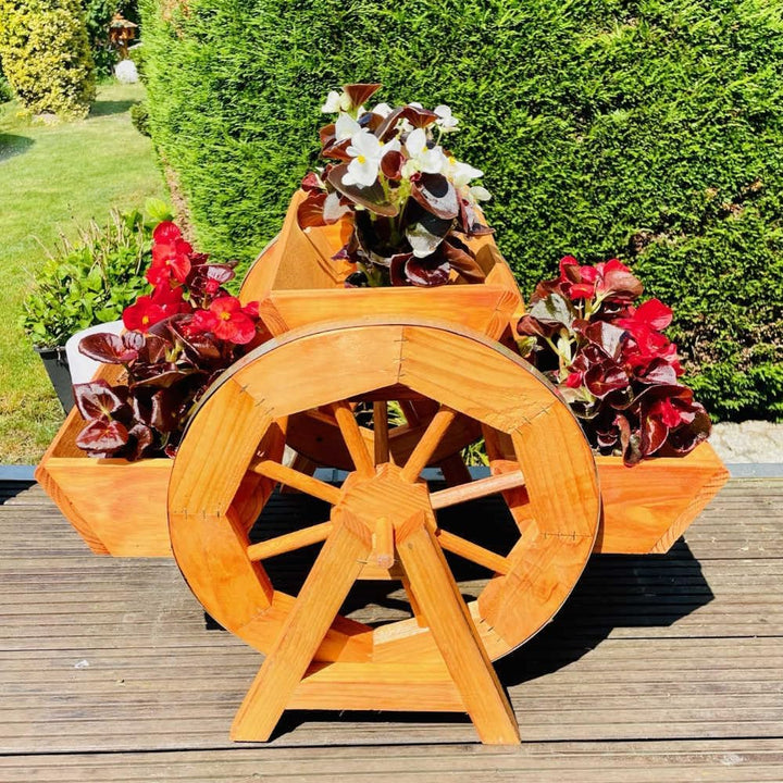 DARLUX Garten/Balkon Holz handgefertigte Blumentreppe Blumenrad 3er Blumenbank Braun Holzrad