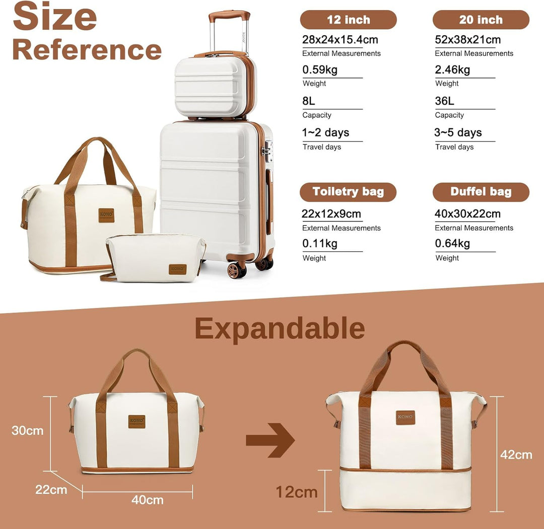 KONO Reisekoffer Set Gepäcksets 4 Teilig Kofferset, 55cm Handgepäck mit Beautycase Kosmetikkoffe mit
