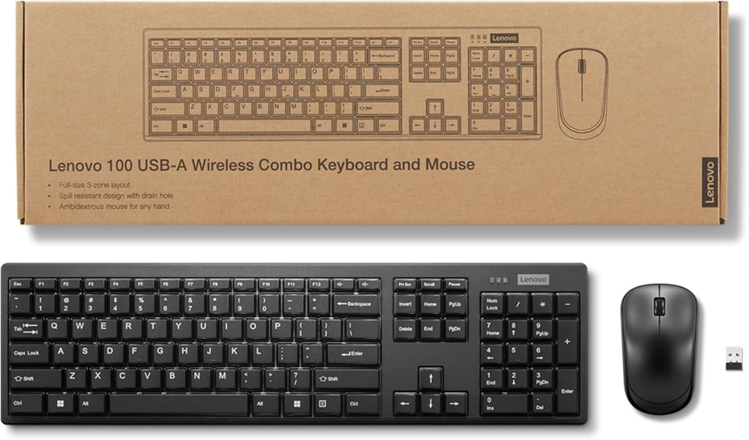 Lenovo 100 Combo Kabellose Tastatur und Maus, 2,4 G (optischer Sensor, 1600 DPI, Nano-USB-Empfänger,