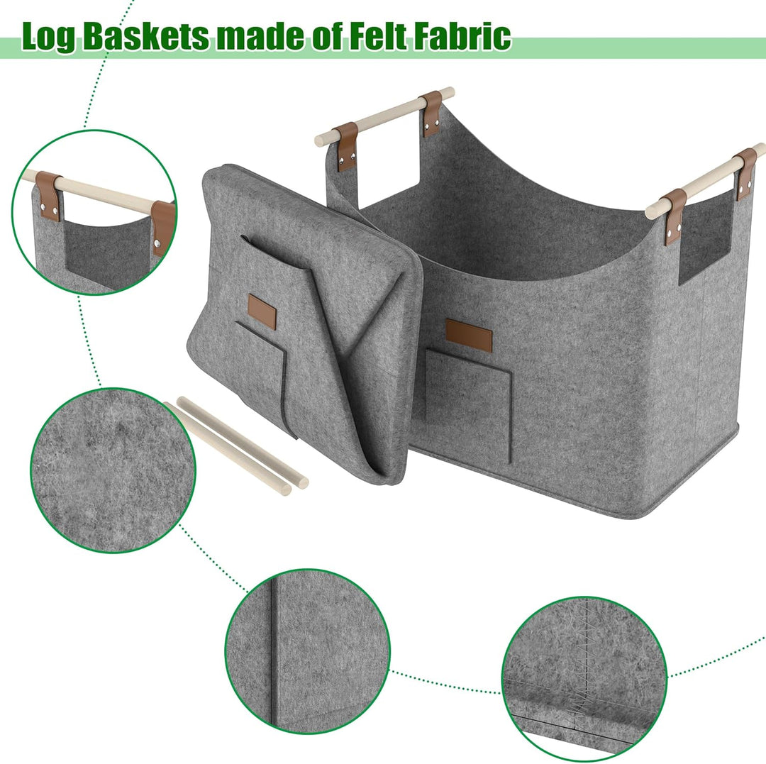 2 Stück Filz Holzkörbe Kaminholztasche mit Holzgriff Faltbare Kaminholzkörbe Innen &amp; Aussen 60L Vlie