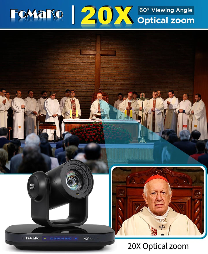 FoMaKo 12G-SDI 4K 60FPS NDI PTZ Kamera, 20X optischer Zoom, 4KP60 AI Auto-Tracking Gen 3, 1/1.8 UHD