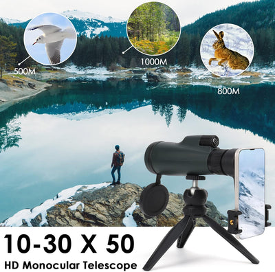 Optischer Zoom Monokular Teleskop 10-30x50, HD Monokular Fernrohr Wasserdichtes mit Smartphone Halte