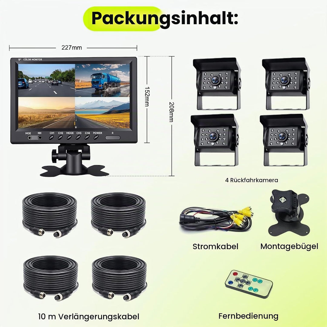 Podofo Vans RV Rückfahrkamera Set, 9 Zoll Monitor 4 Kameras, 4-Geteiltes Display 4-Kanal Video, IP68