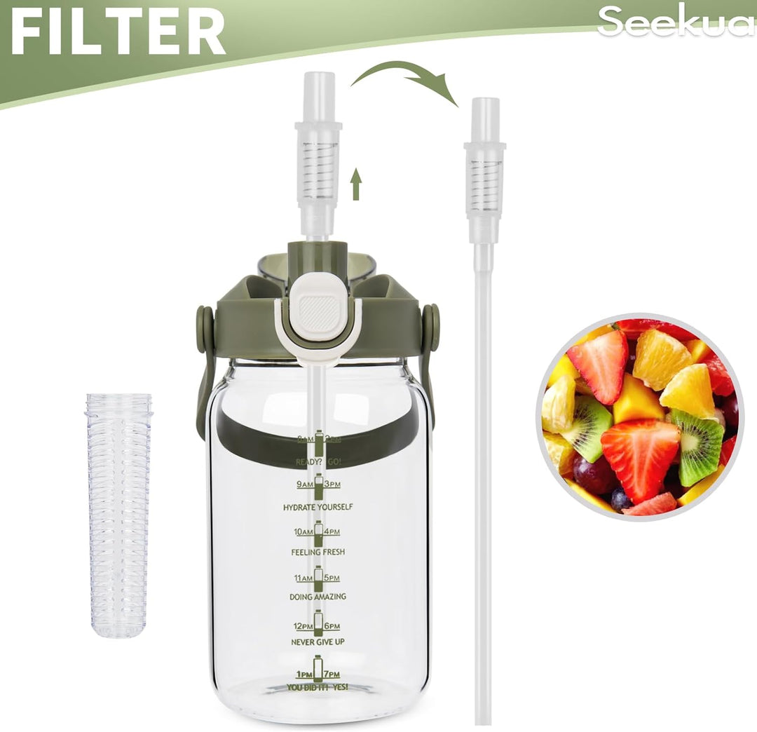 Seekua 1l Trinkflasche Glas Flasche mit Strohhalm & Zeitmarkierung, 1 liter Wasserflasche mit Frücht
