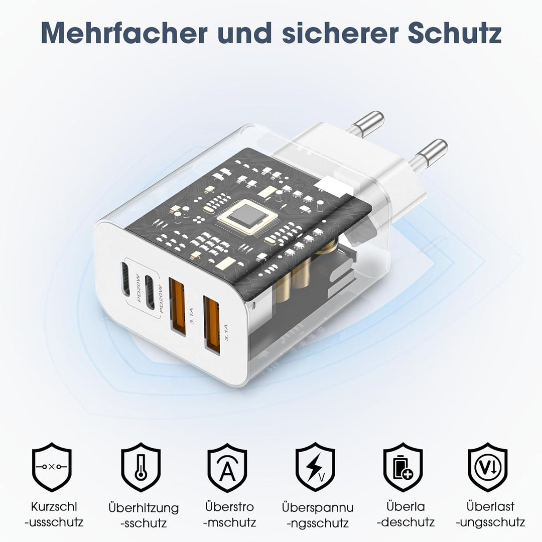 USB C Ladegerät, 40W Multiport Schnellladeblock with 4 Ports - 2 x USB-C and 2 x USB-A, Mehrfach-Wan