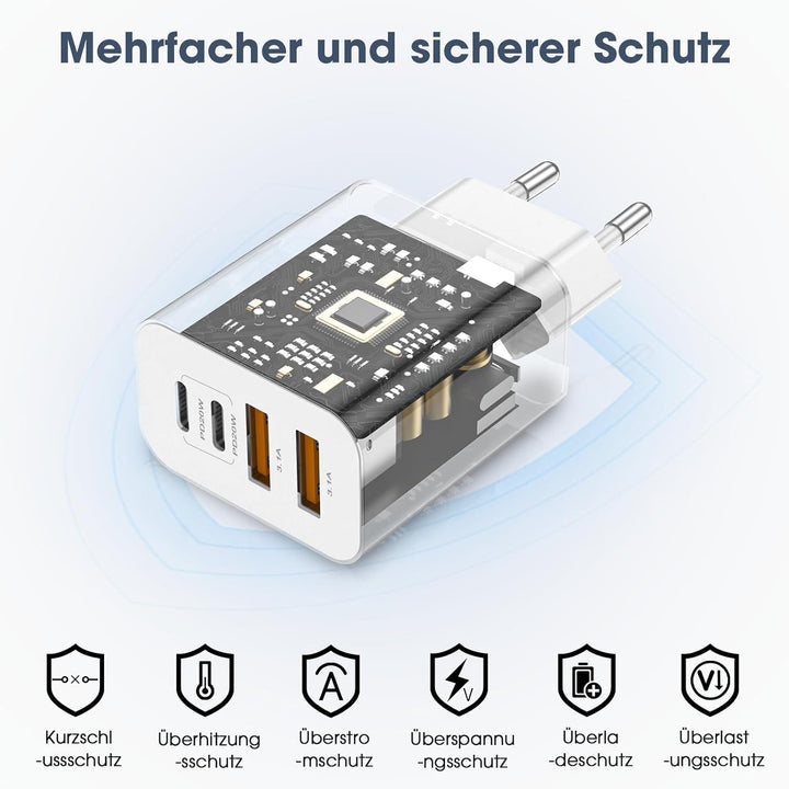 USB C Ladegerät, 40W Multiport Schnellladeblock with 4 Ports - 2 x USB-C and 2 x USB-A, Mehrfach-Wan