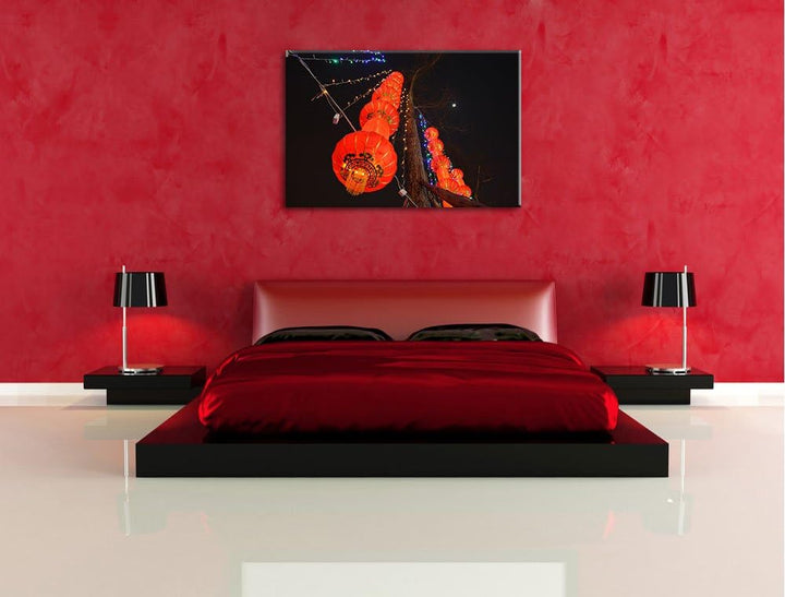 Dark traditionelle chinesische Lampions Leinwand, XXL riesige Bilder fertig gerahmt mit Keilrahmen,