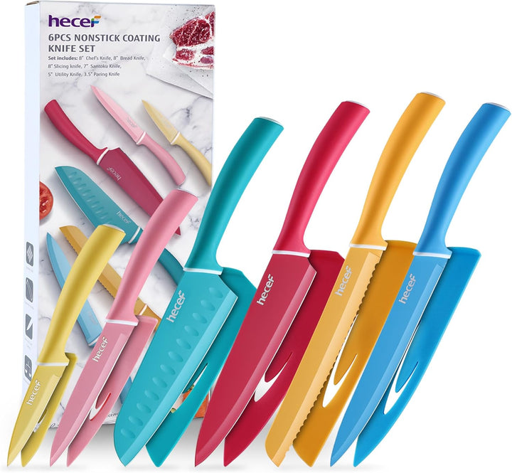 hecef 6 Teilig Messer Set mit Schutz, Küchenmesser Set Bunte Non-Stick, Scharfe Messerset Edelstahl,