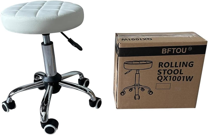 Weisser klassischer Drehhocker mit Rad für Salon, Arbeit, Zuhause, SPA, Geschäft, höhenverstellbar u