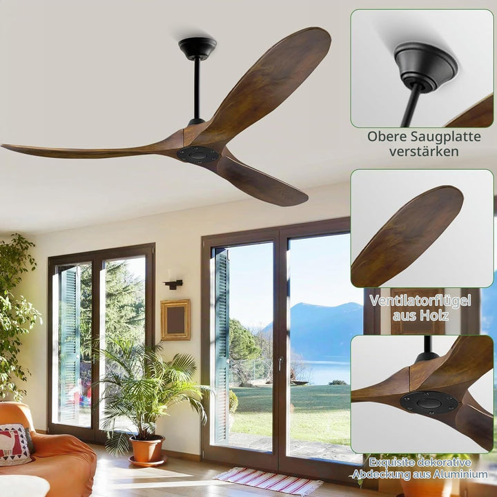 106cm Holz Deckenventilator Outdoor ohne Licht, Rustikaler Bauernhaus Deckenventilator Leise mit Fer