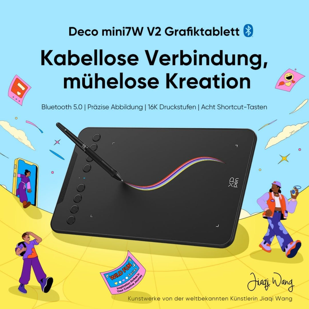 XPPen Deco Mini7W V2 Wireless Grafiktablett 7 Zoll Bluetooth, Stylus EMR 16.384 Druckstufen, Akku 10