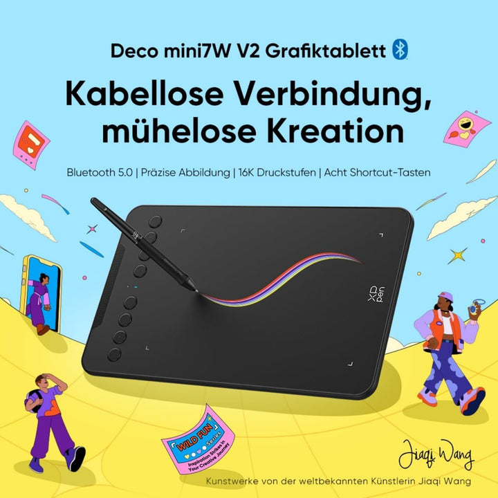 XPPen Deco Mini7W V2 Wireless Grafiktablett 7 Zoll Bluetooth, Stylus EMR 16.384 Druckstufen, Akku 10