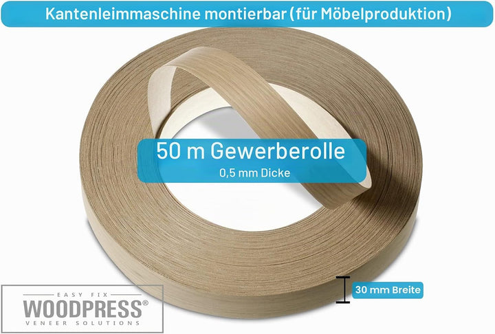 WordPress® 30 mm Eiche Echtholz Kantenumleimer mit Schmelzkleber – 50m Rolle – Einfache Anwendung zu