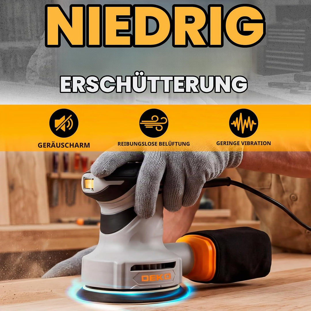 DEKOPRO 300W Exzenterschleifer, 125mm Schleifmaschine mit 6 Geschwindigkeiten(7000-13000U/min), 16 S