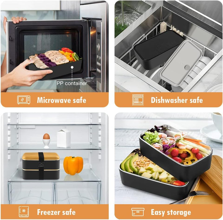 Bento Box Schwarz, Lunchbox Brotdose mit Fächern 2 Ebenen mit 2 Stück Umweltfreundlichen PP & Edelst