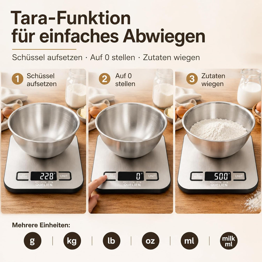 Digitale Küchenwaage Aus Edelstahl, USB-Aufladbar, 5 kg/1 g Präzision, 6 Einheiten, Tara-Funktion, L