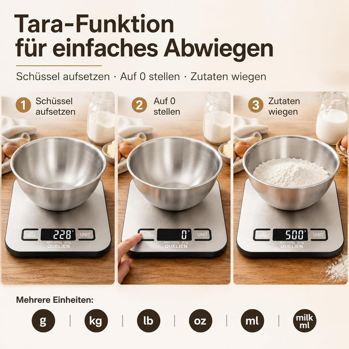 Digitale Küchenwaage Aus Edelstahl, USB-Aufladbar, 5 kg/1 g Präzision, 6 Einheiten, Tara-Funktion, L