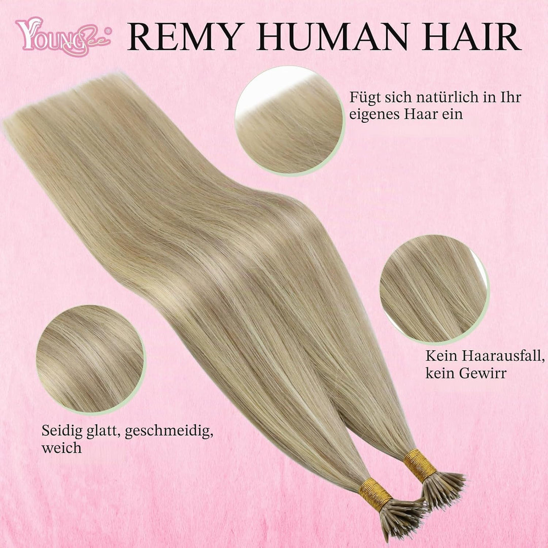YoungSee Nano Extensions Echthaar Blond 55 cm Nanoring Extensions Echthaar Gesträhnt Goldblond Mit B