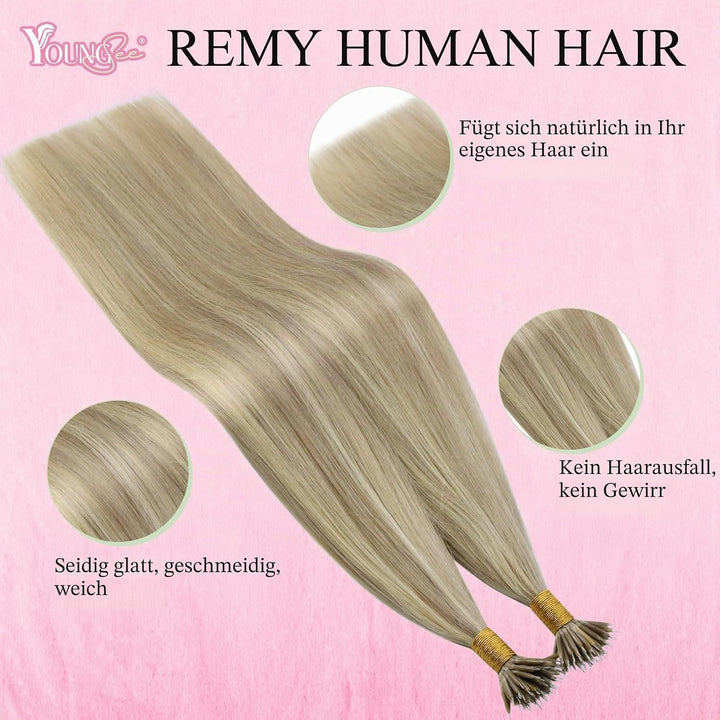 YoungSee Nano Extensions Echthaar Blond 55 cm Nanoring Extensions Echthaar Gesträhnt Goldblond Mit B