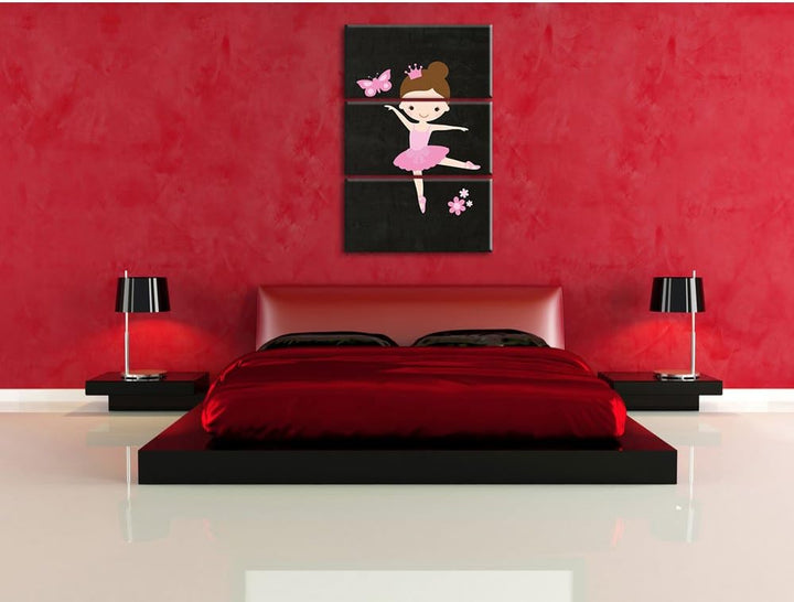 Pixxprint Ballerina mit Schmetterling und Blumen schwarz 3-Teiler Leinwandbild 120x80 Bild auf Leinw