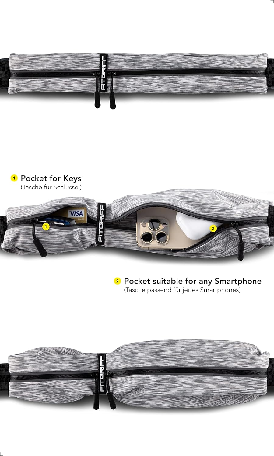 Fitgriff® Laufgürtel für Handy - Lauftasche Jogging, Hüfttasche, Sportgürtel, Running Belt zum Jogge