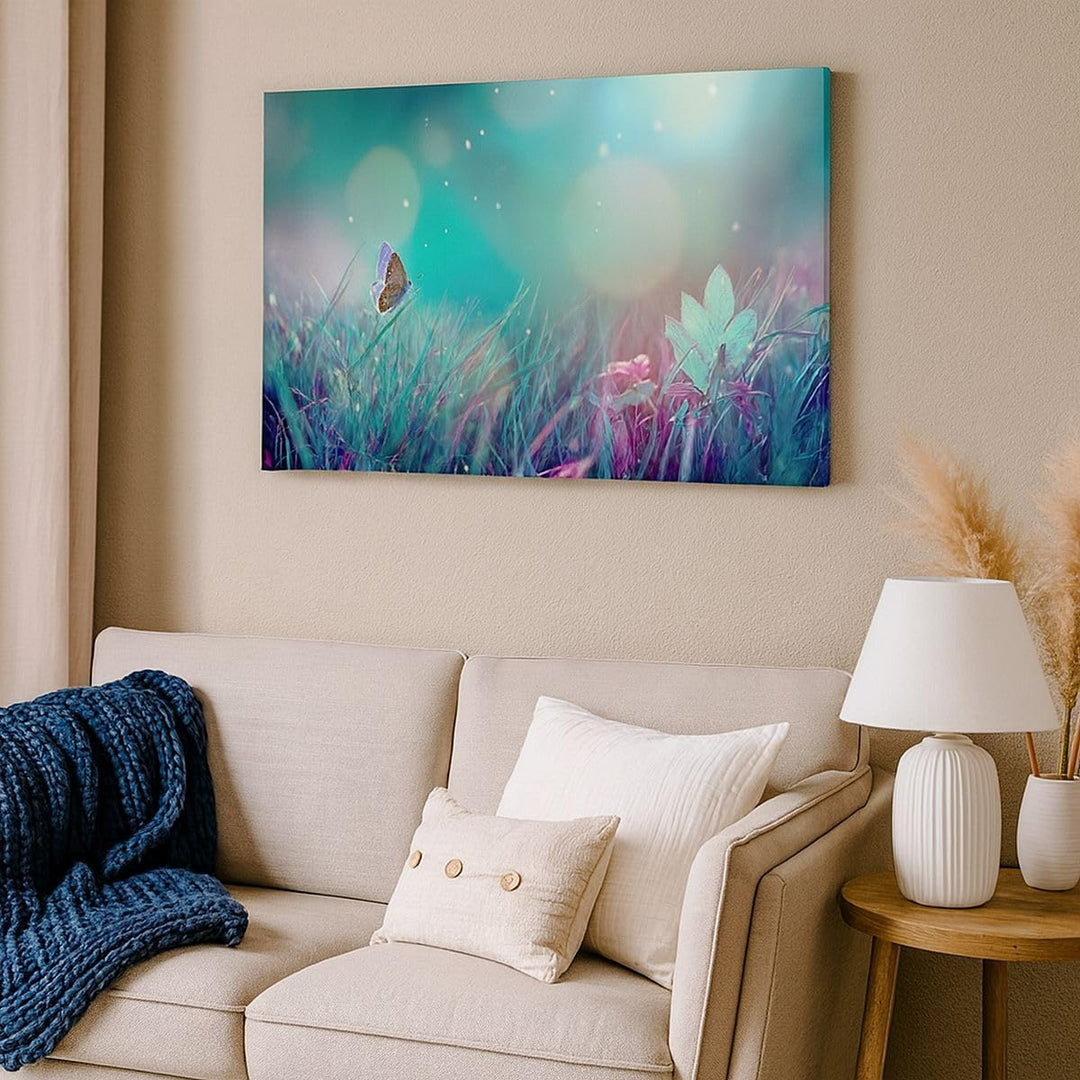 Bilder auf Leinwand 100x70cm Leinwandbild Schmetterling Wiese Blume Gross Wanddeko Bild Schlafzimmer