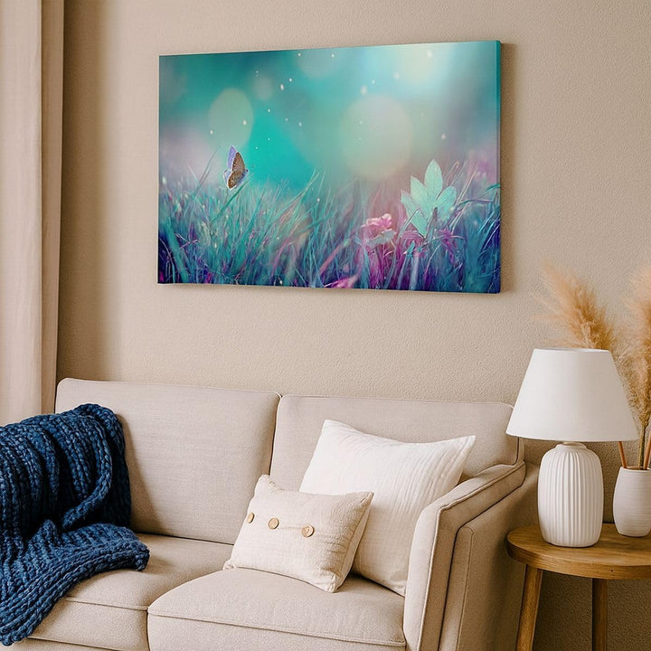 Bilder auf Leinwand 100x70cm Leinwandbild Schmetterling Wiese Blume Gross Wanddeko Bild Schlafzimmer