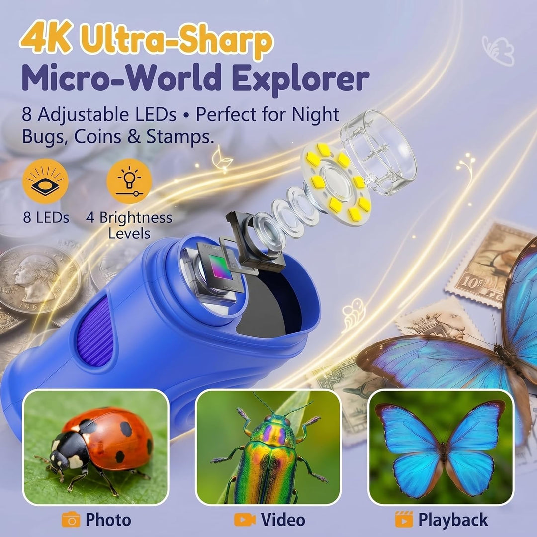 Mikroskop für Kinder, 1000X 4K Digitales Mini-Mikroskop mit 2,4″ IPS-Display, 8 LED Licht, USB-aufla