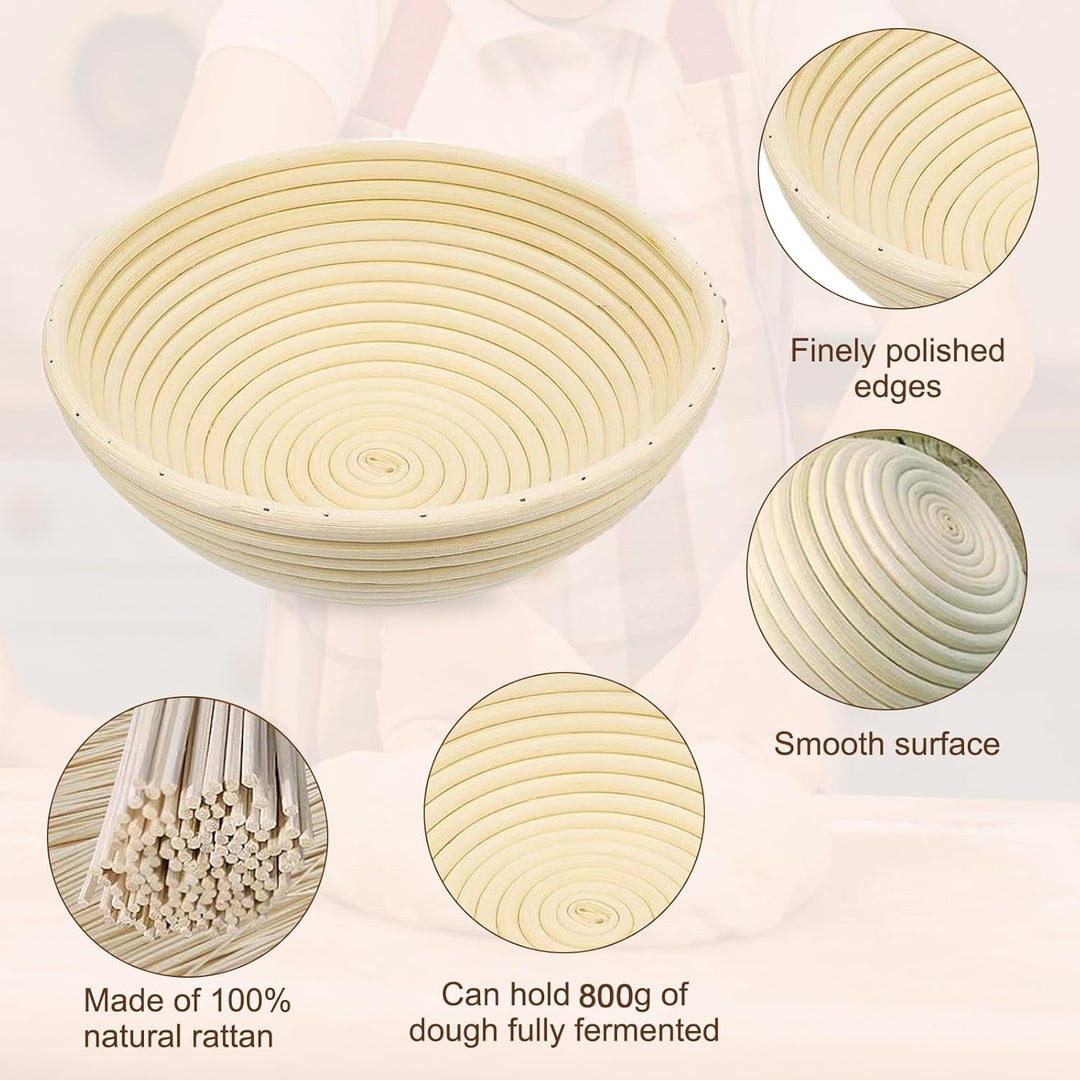 Clheatky Gärkörbchen Rund, ø 23cm, Höhe 8.5 cm Gärkorb Set Aus Natürlichem Peddigrohr Proofing Baske