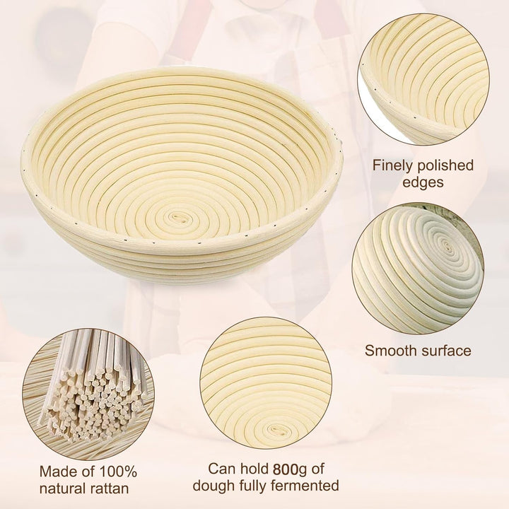 Clheatky Gärkörbchen Rund, ø 23cm, Höhe 8.5 cm Gärkorb Set Aus Natürlichem Peddigrohr Proofing Baske