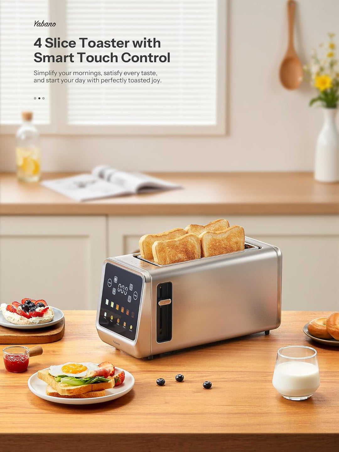 Toaster Langschlitz Edelstahl mit Smart Touchscreen & Memory-Funktion, Toaster 4 Scheiben mit 6 Bräu