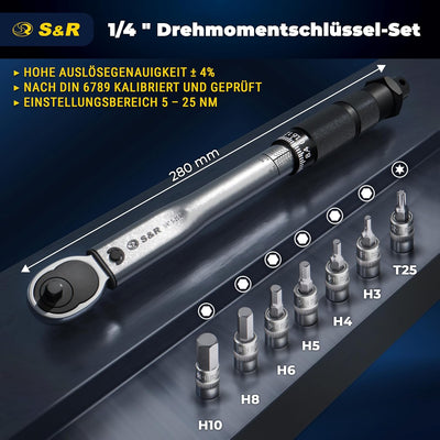 S&R Drehmomentschlüssel Fahrrad & Motorrad SET 1/4", 272 mm, Messbereich 5 bis 25 Nm inkl. 7 Bits: H