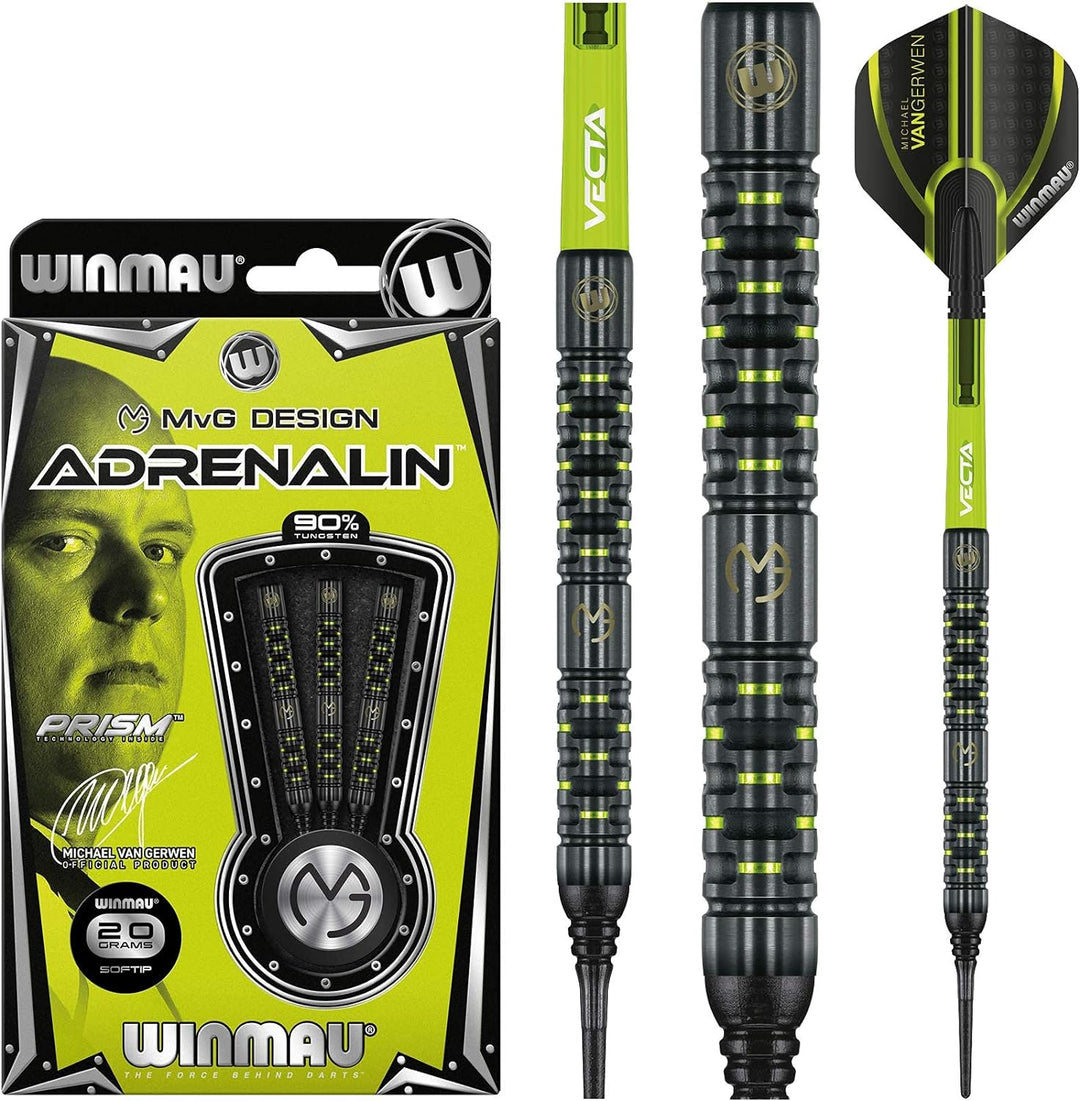 WINMAU Michael Van Gerwen MvG Adrenalin Tungsten Softip Darts Set 18 Gram with Prism Flights and Vec
