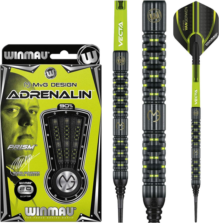 WINMAU Michael Van Gerwen MvG Adrenalin Tungsten Softip Darts Set 18 Gram with Prism Flights and Vec
