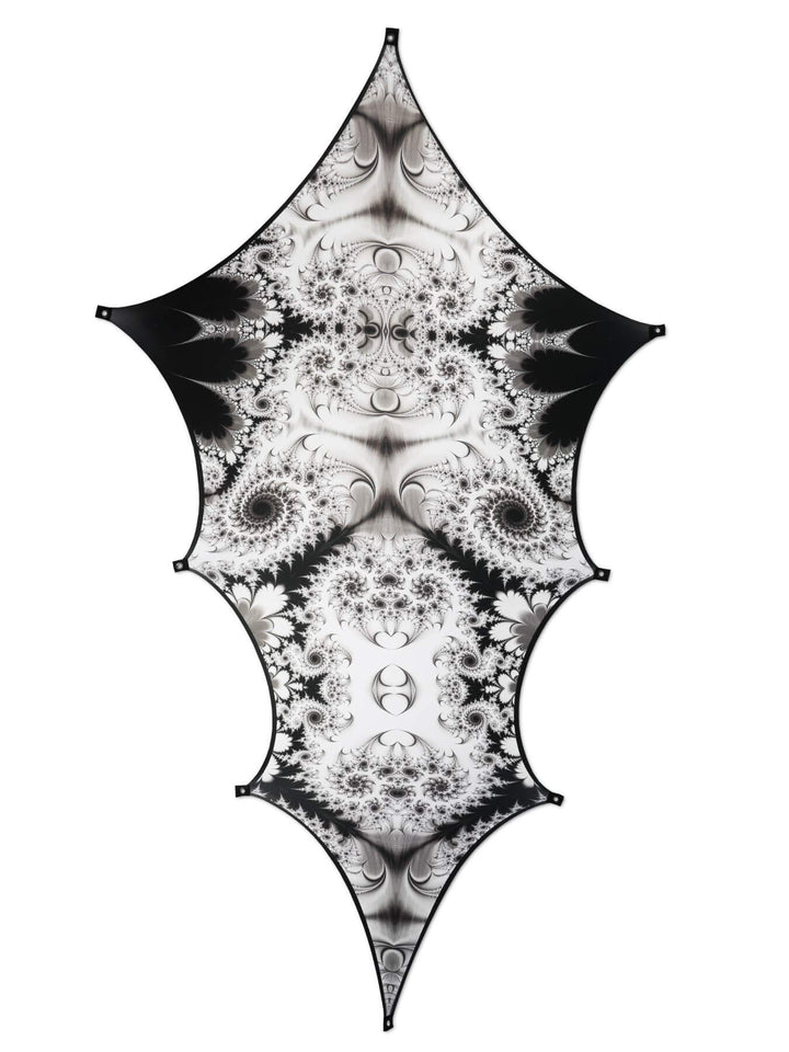 PSYWORK Schwarzlicht Segel Spandex | Drache Fractal White Black I | 3,75 x 1,85m | UV-aktiv | Leucht