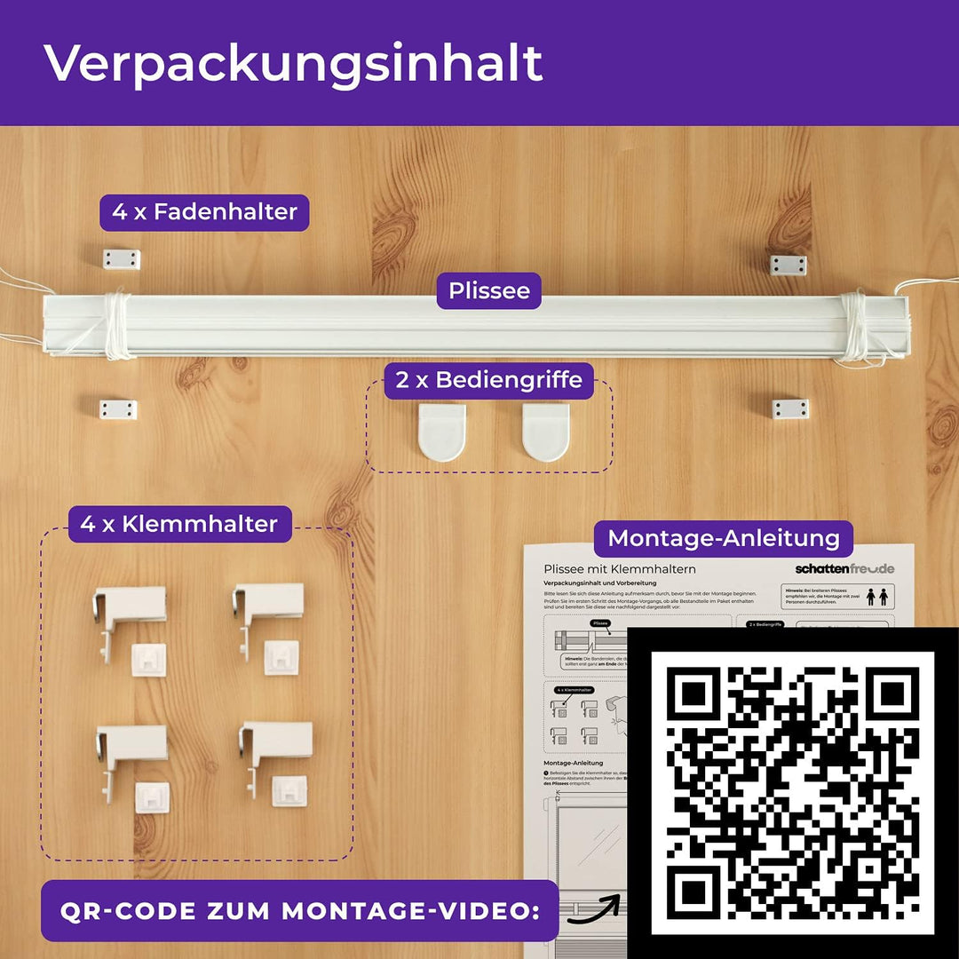 SchattenFreude Basic Klemmfix-Plissee für Fenster | Mit Klemm-Haltern | Ohne Bohren | Reinweiss, Bre