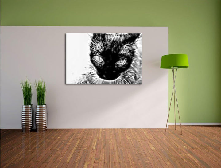 Pixxprint Schwarze Katze, Blaue Augen, als Leinwandbild/Grösse: 100x70 / Wandbild/Kunstdruck/fertig