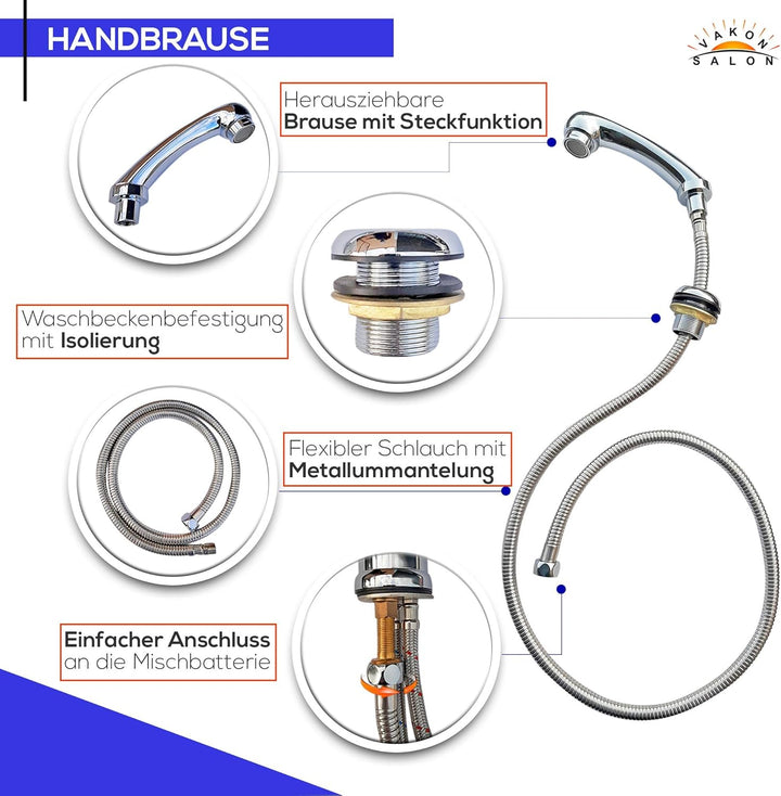 Einhebel Mischbatterie aus Messing für Waschbecken, Duschkopf Handbrause mit Schlauch, Friseurarmatu